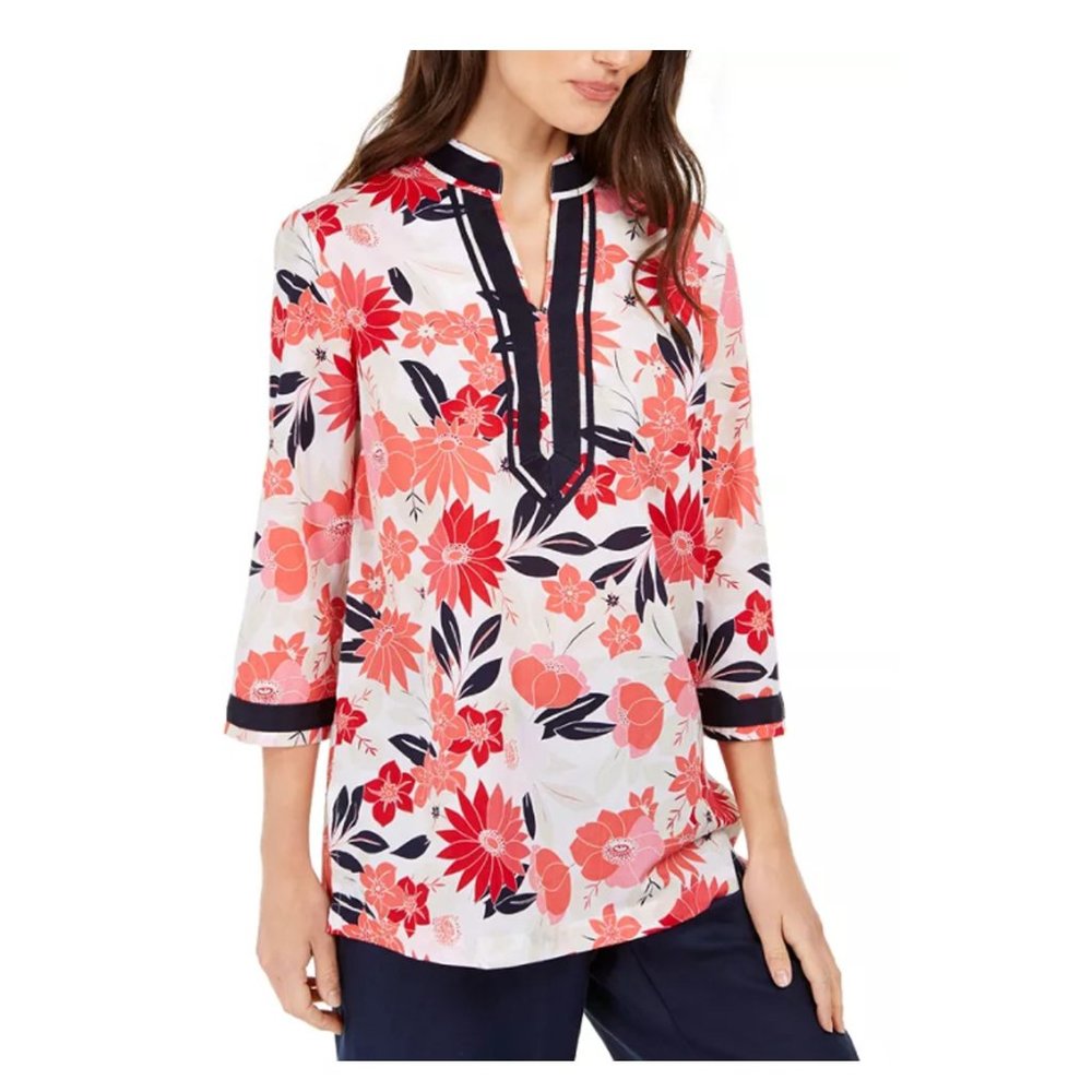 Charter Club Contrast Trim Floral Printed Top-Med